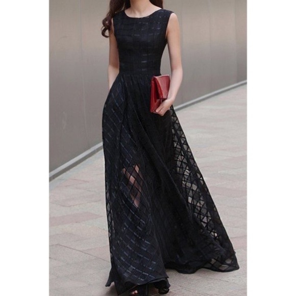 NWT Ocean Drive Black long Dress maxi sheer evening plaid Women Small elegant - Picture 2 of 11